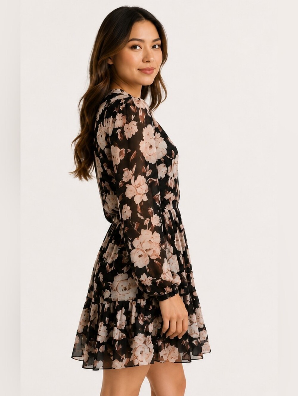 Ever New Black and Cream Floral Long Sleeve Dress Size 2 (XS)